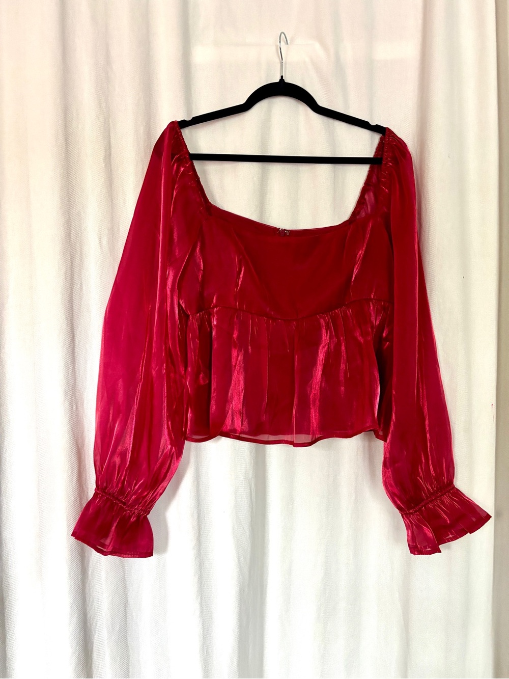 LULUS Red Satin Long-Sleeve Square-Neck Peplum Top XL
